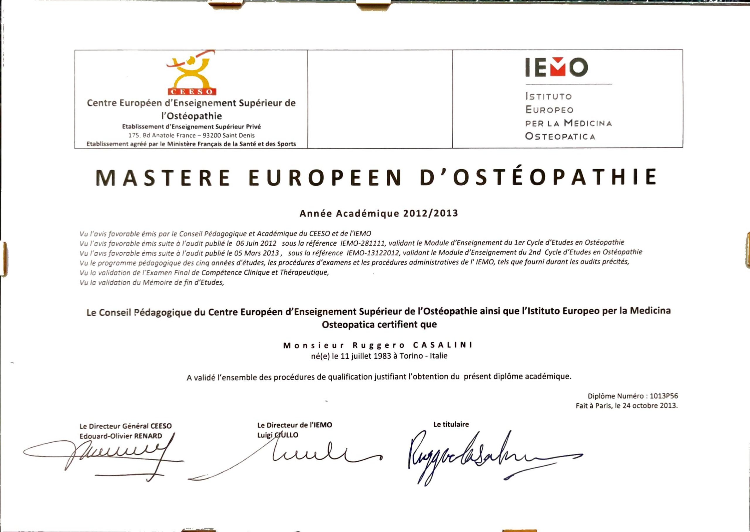 Master Europeo in Osteopatia Ruggero Casalini